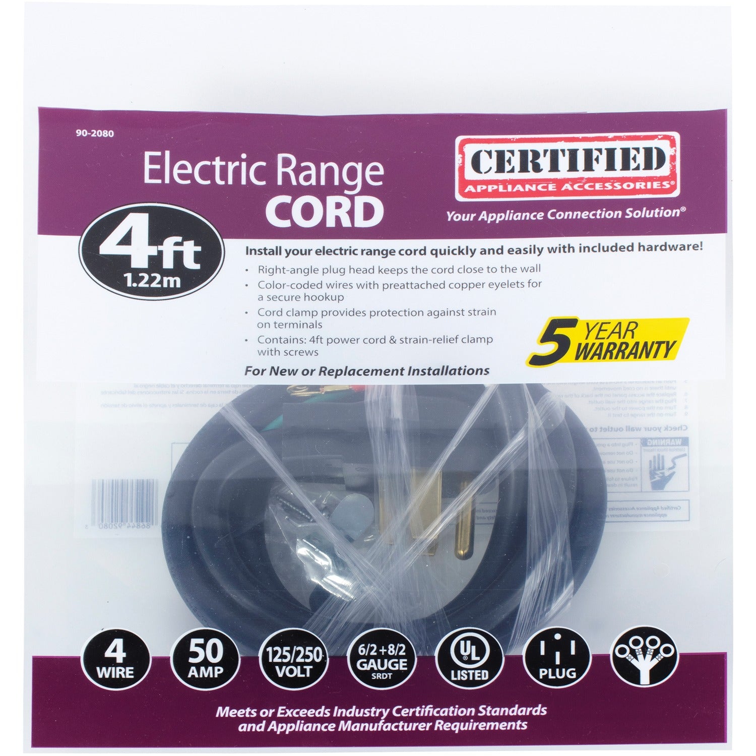 4-Wire 50A Range Cord with Eyelet Connectors, 4ft – Certified Appliance ...