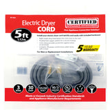 Certified Appliance Accessories 90-1022 3-Wire Eyelet 30-Amp Dryer Cord, 5ft (Gray)
