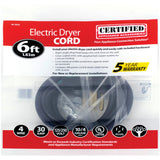 Certified Appliance Accessories 90-2024 4-Wire Eyelet 30-Amp Dryer Cord, 6ft (Black)