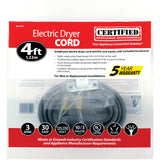 Certified Appliance Accessories 3-Wire Open-End-Connector 30-Amp Dryer Cord, 4ft