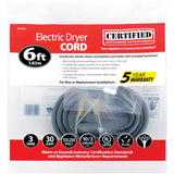 Certified Appliance Accessories 90-1024 3-Wire Eyelet 30-Amp Dryer Cord, 6ft (Gray)