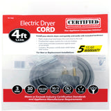 Certified Appliance Accessories 3-Wire Eyelet 30-Amp Dryer Cord, 4ft