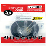 Certified Appliance Accessories 90-2022 4-Wire Eyelet 30-Amp Dryer Cord, 5ft (Black)